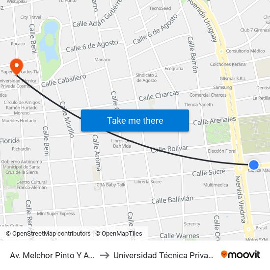 Av. Melchor Pinto Y Av. Viedma to Universidad Técnica Privada Cosmos map