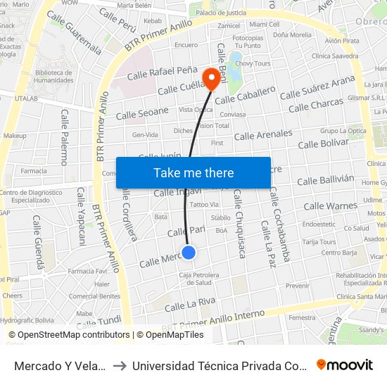 Mercado Y Velasco to Universidad Técnica Privada Cosmos map