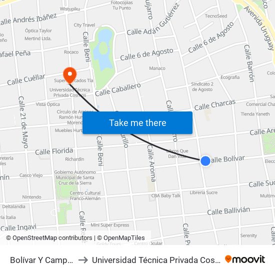Bolívar Y Campero to Universidad Técnica Privada Cosmos map