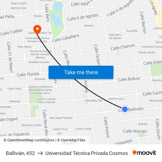 Ballivián, 452 to Universidad Técnica Privada Cosmos map