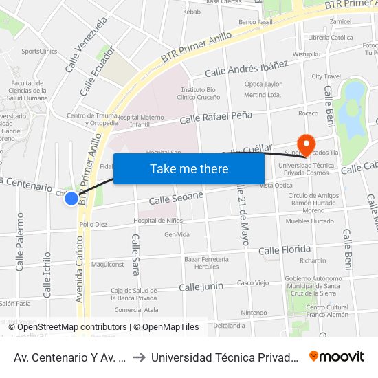 Av. Centenario Y Av. Cañoto to Universidad Técnica Privada Cosmos map