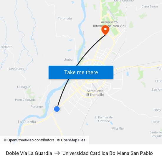 Doble Vía La Guardia to Universidad Católica Boliviana San Pablo map