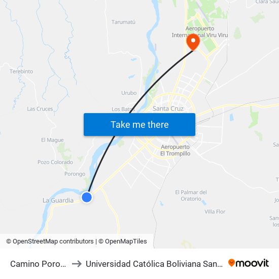 Camino Porongo to Universidad Católica Boliviana San Pablo map