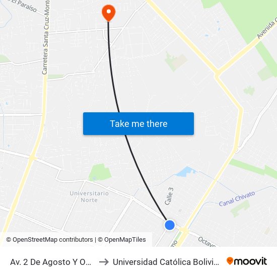 Av. 2 De Agosto Y Octavo Anillo to Universidad Católica Boliviana San Pablo map