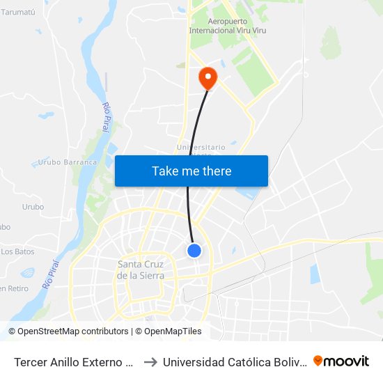 Tercer Anillo Externo Y Av. Paraguá to Universidad Católica Boliviana San Pablo map
