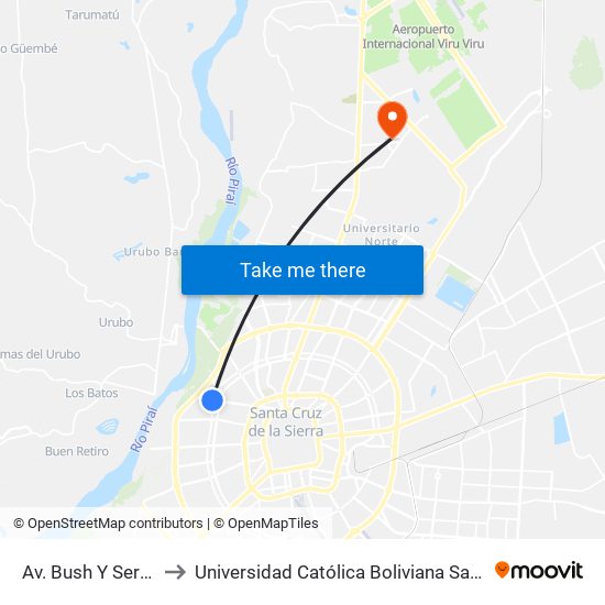 Av. Bush Y Serrano to Universidad Católica Boliviana San Pablo map