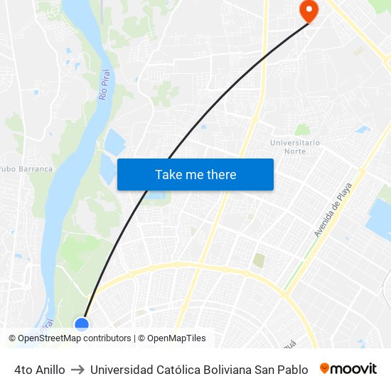 4to Anillo to Universidad Católica Boliviana San Pablo map