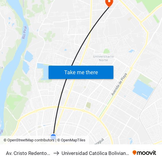 Av. Cristo Redentor Y Sirari to Universidad Católica Boliviana San Pablo map