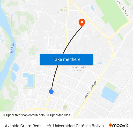 Avenida Cristo Redentor, 5140 to Universidad Católica Boliviana San Pablo map