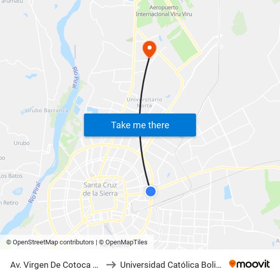 Av. Virgen De Cotoca Y Gabriel Ortíz to Universidad Católica Boliviana San Pablo map