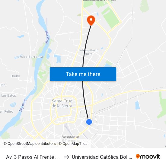 Av. 3 Pasos Al Frente Y Cuarto Anillo to Universidad Católica Boliviana San Pablo map