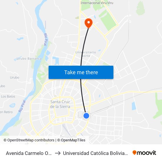 Avenida Carmelo Ortiz, 3295 to Universidad Católica Boliviana San Pablo map