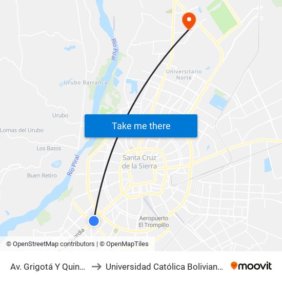 Av. Grigotá Y Quinto Anillo to Universidad Católica Boliviana San Pablo map
