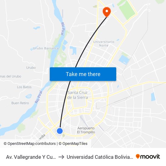Av. Vallegrande Y Cuarto Anillo to Universidad Católica Boliviana San Pablo map