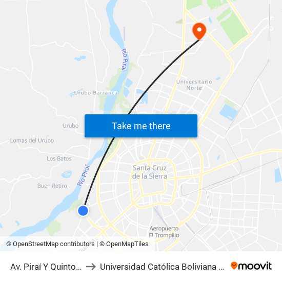 Av. Piraí Y Quinto Anillo to Universidad Católica Boliviana San Pablo map