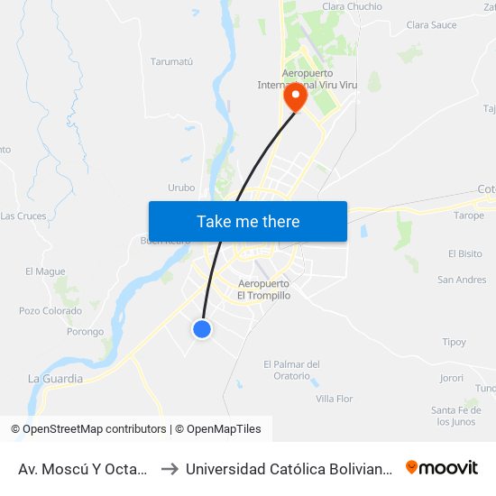 Av. Moscú Y Octavo Anillo to Universidad Católica Boliviana San Pablo map