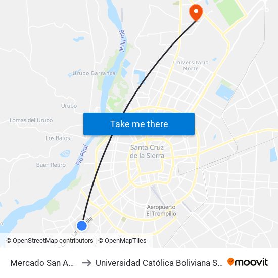 Mercado San Antonio to Universidad Católica Boliviana San Pablo map