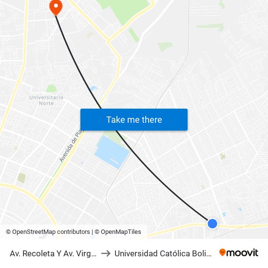 Av. Recoleta Y Av. Virgen De Cotoca to Universidad Católica Boliviana San Pablo map