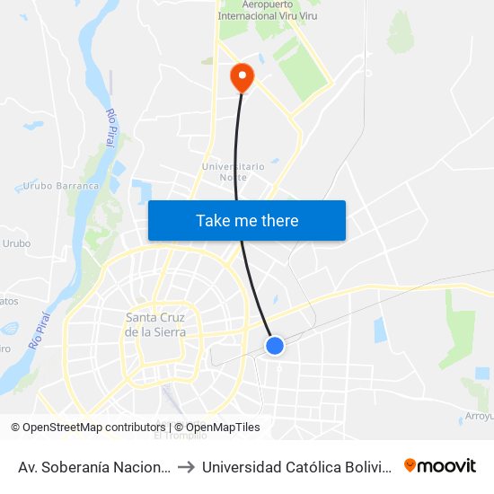 Av. Soberanía Nacional Y Calle 5 to Universidad Católica Boliviana San Pablo map