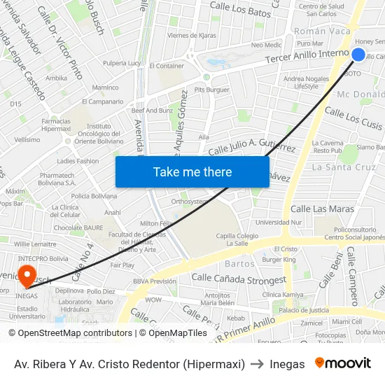 Av. Ribera Y Av. Cristo Redentor (Hipermaxi) to Inegas map