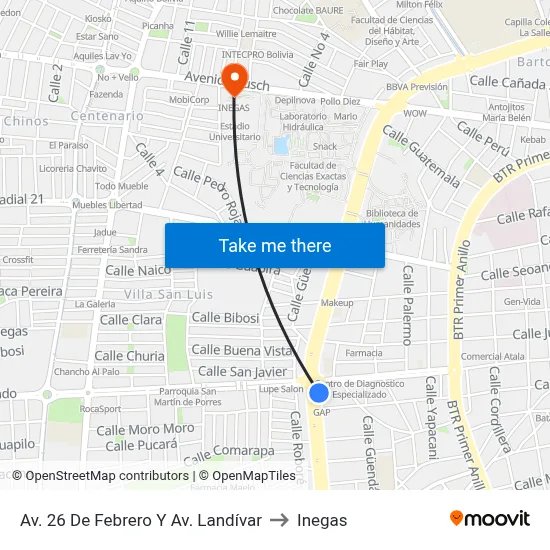 Av. 26 De Febrero Y Av. Landívar to Inegas map