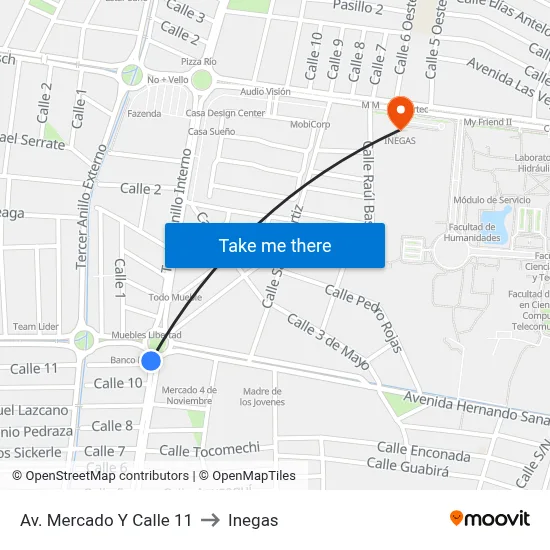 Av. Mercado Y Calle 11 to Inegas map