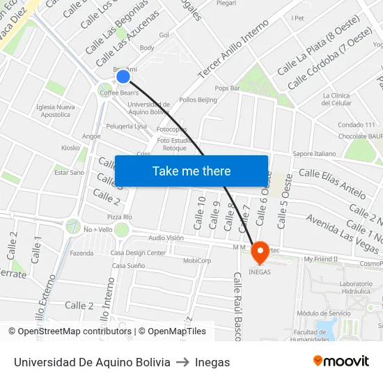 Universidad De Aquino Bolivia to Inegas map