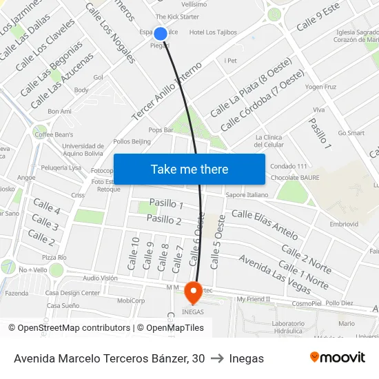 Avenida Marcelo Terceros Bánzer, 30 to Inegas map