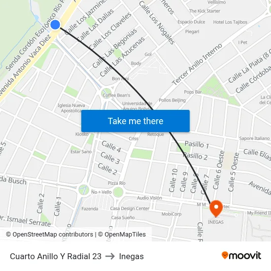 Cuarto Anillo Y Radial 23 to Inegas map