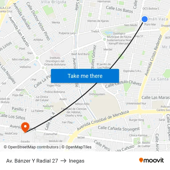 Av. Bánzer Y Radial 27 to Inegas map
