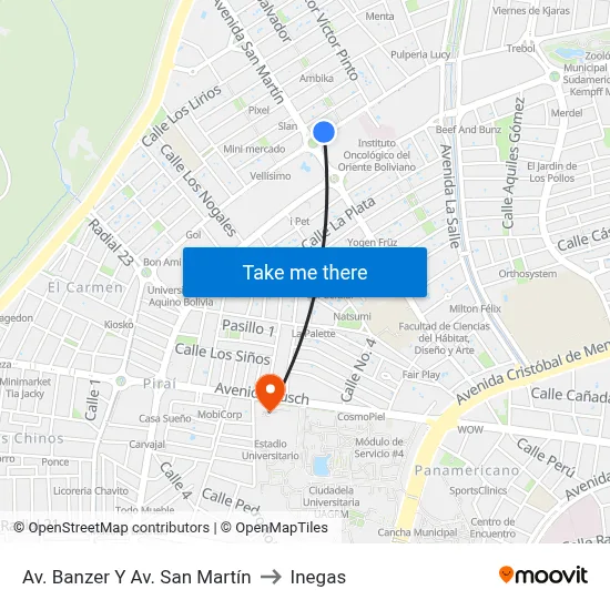 Av. Banzer Y Av. San Martín to Inegas map