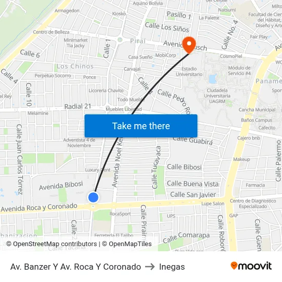 Av. Banzer Y Av. Roca Y Coronado to Inegas map