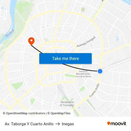 Av. Taborga Y Cuarto Anillo to Inegas map