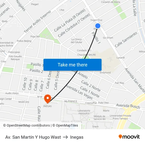 Av. San Martín Y Hugo Wast to Inegas map