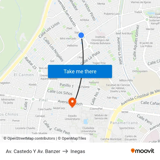 Av. Castedo Y Av. Banzer to Inegas map