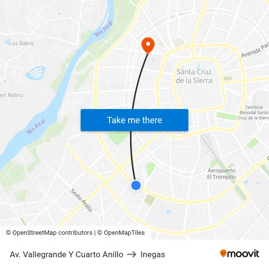Av. Vallegrande Y Cuarto Anillo to Inegas map