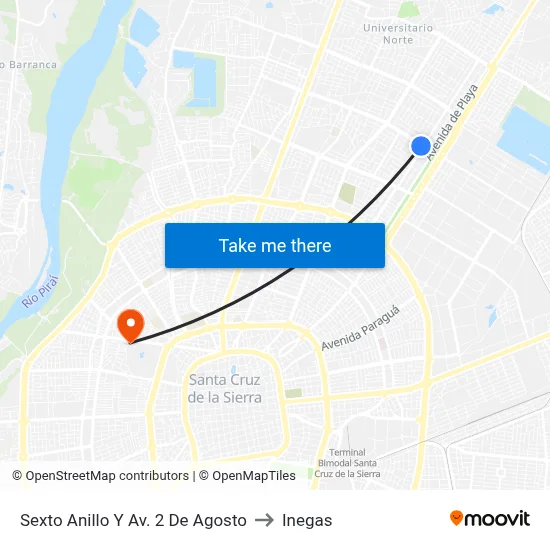 Sexto Anillo Y Av. 2 De Agosto to Inegas map