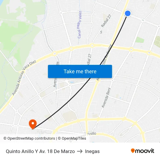Quinto Anillo Y Av. 18 De Marzo to Inegas map