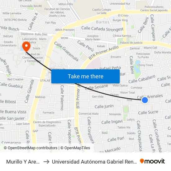 Murillo Y Arenales to Universidad Autónoma Gabriel René Moreno map