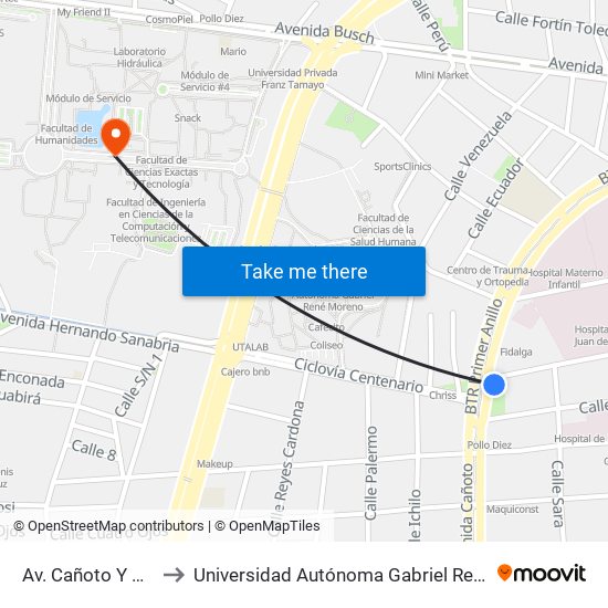 Av. Cañoto Y Cuéllar to Universidad Autónoma Gabriel René Moreno map