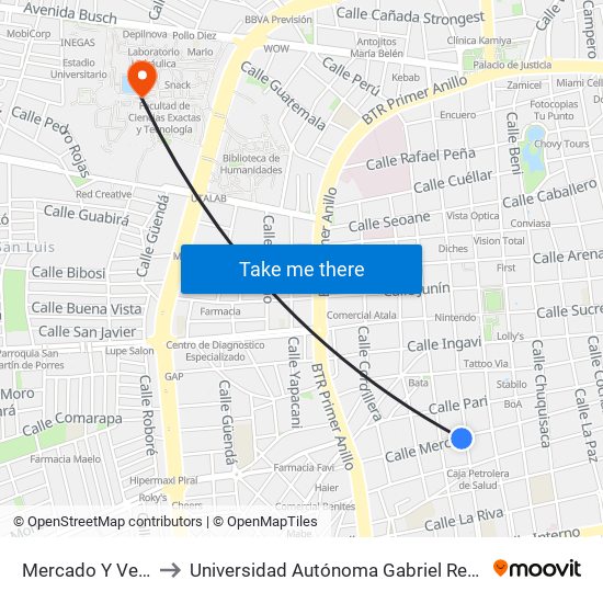 Mercado Y Velasco to Universidad Autónoma Gabriel René Moreno map