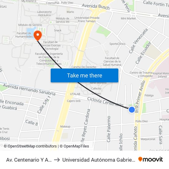 Av. Centenario Y Av. Cañoto to Universidad Autónoma Gabriel René Moreno map