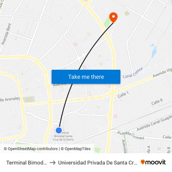 Terminal Bimodal to Universidad Privada De Santa Cruz map