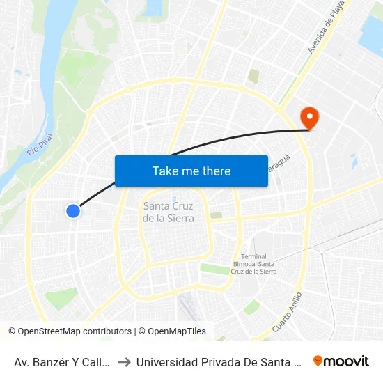 Av. Banzér Y Calle 6 to Universidad Privada De Santa Cruz map