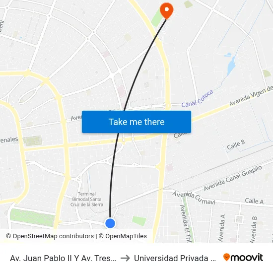 Av. Juan Pablo II Y Av. Tres Pasos Al Frente to Universidad Privada De Santa Cruz map