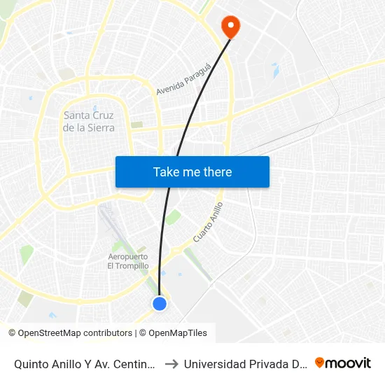 Quinto Anillo Y Av. Centinelas Del Chaco to Universidad Privada De Santa Cruz map
