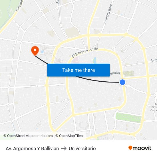 Av. Argomosa Y Ballivián to Universitario map