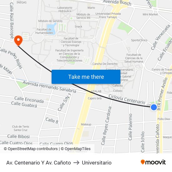 Av. Centenario Y Av. Cañoto to Universitario map