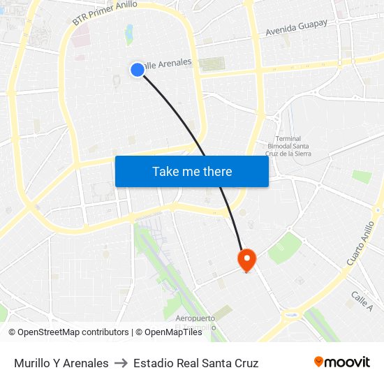 Murillo Y Arenales to Estadio Real Santa Cruz map