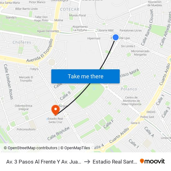 Av. 3 Pasos Al Frente Y Av. Juan Pablo II to Estadio Real Santa Cruz map